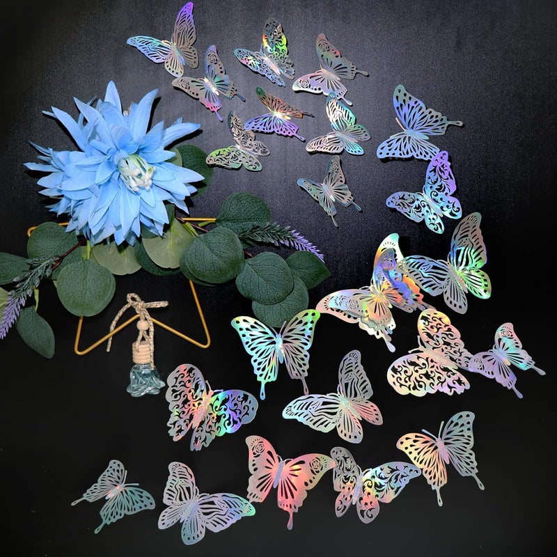 DELEMI 60 Pcs 3D Iridescent Silver Butterfly Wall Stickers, Holographic Decals With 5 Style Decorative Paper Murals for Nursery, Classroom and Glitter Party (Silver) - Image 4